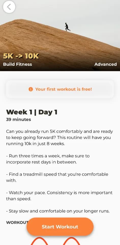 The 5K to 10K plan in the Treadmill Workouts app, showing week 1, day 1