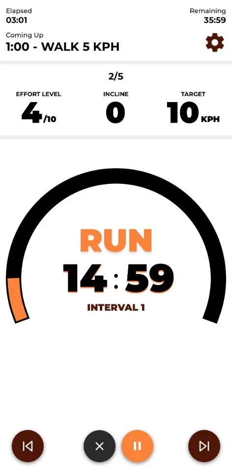 A 5K to 10K interval in progress in the app