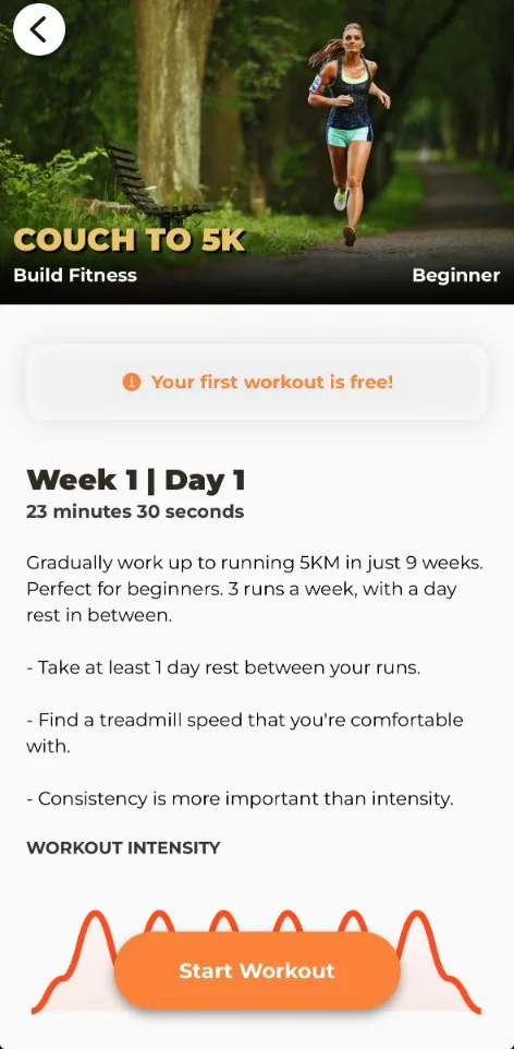 The Couch to 5K plan in the app, showing Week 1 Day 1 and a chart of the session's intensity