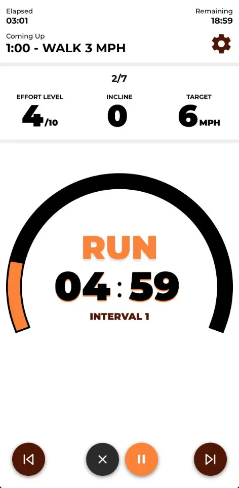 A Treadmill Workouts session in progress: run for 4 minutes 59 seconds at 6 mph, with a 1-minute walk at 3 mph coming up